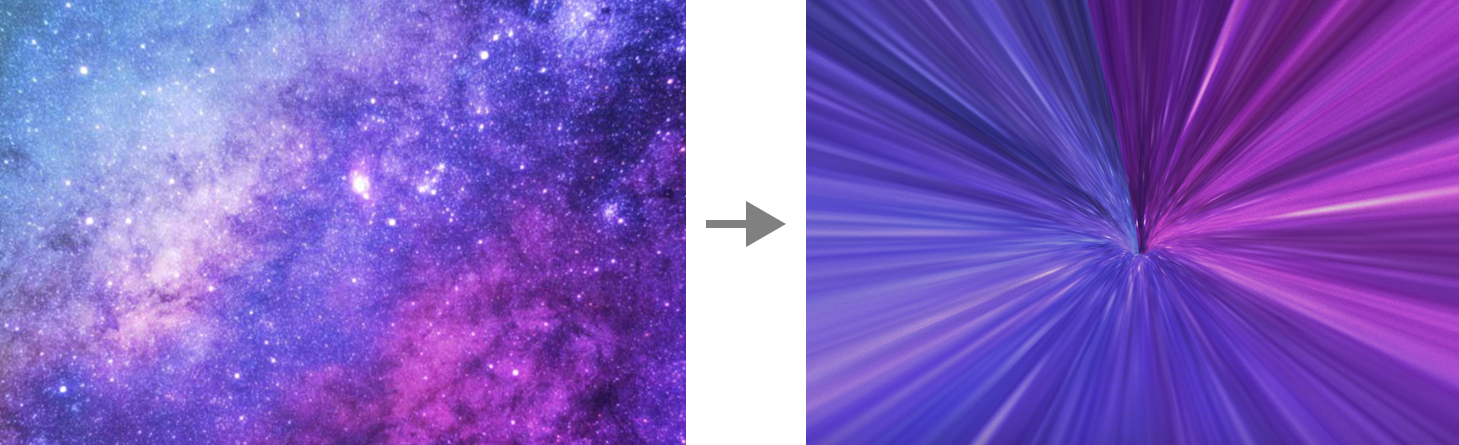 Flat purple nebula image with an arrow pointing to the version mapped to a 3D tunnel shape